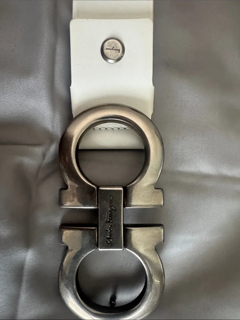 Salvatore Ferragamo White Leather Belt with Gunmetal Double-Gancini Buckle